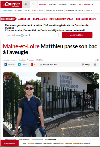 « Matthieu passe le bac presque comme tout le monde » à la une du Courrier de l’Ouest en 2019