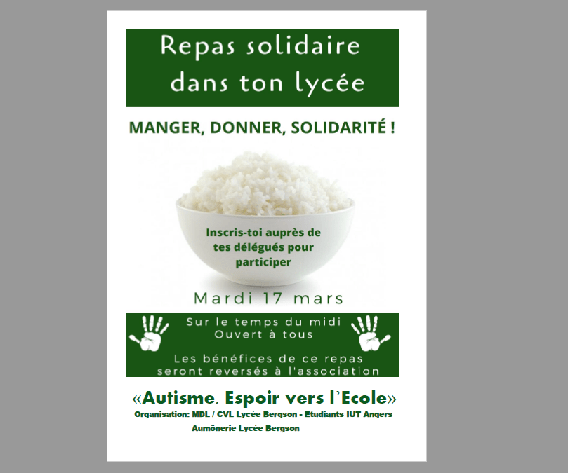 Repas solidaire au bénéfice de l’association « Autisme, Espoir vers l’école »