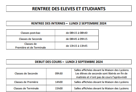 Horaires de  la rentrée le  lundi 02 septembre 2024